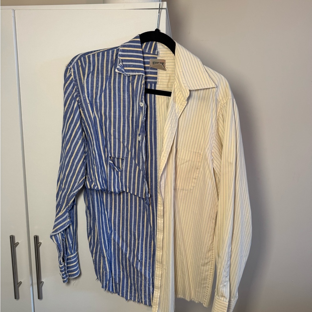 Blue and Cream Striped Button-Up Shirt
